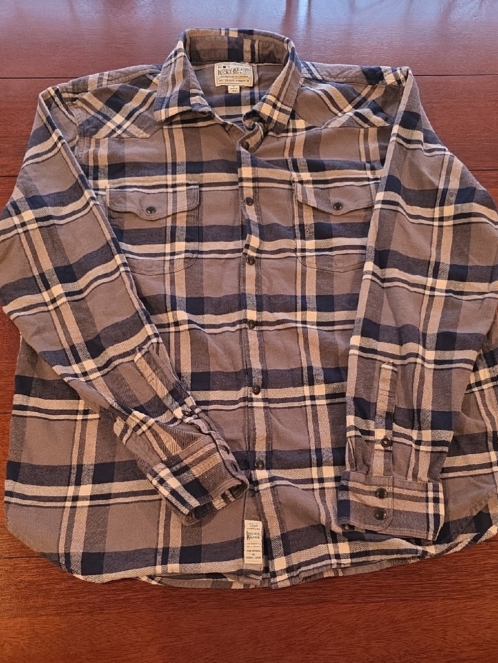 Lucky Brand Navy and Gray Plaid Flannel Shirt For Men Size L